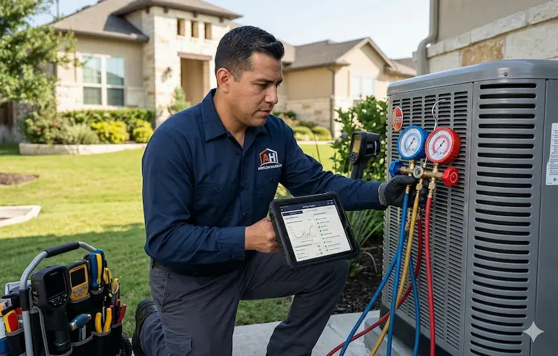 HVAC technician performing AC repair diagnostics