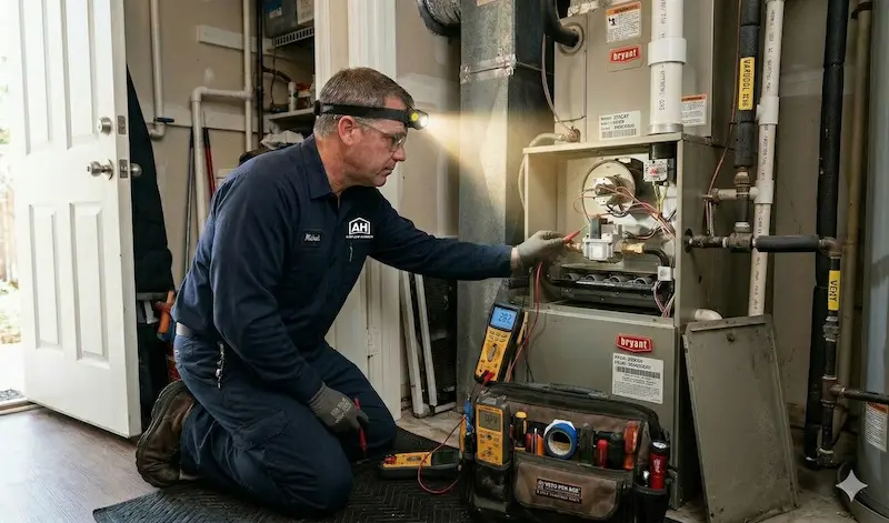 HVAC technician inspecting residential gas furnace