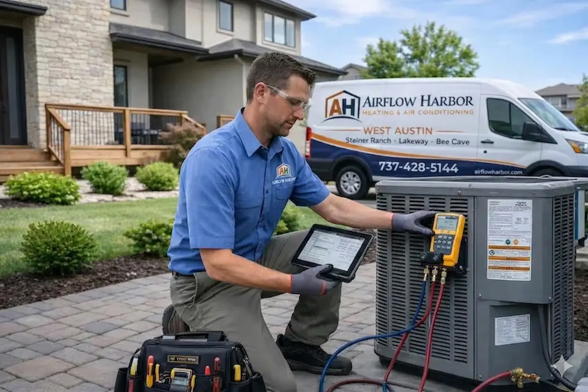 Technician diagnosing residential heat pump system