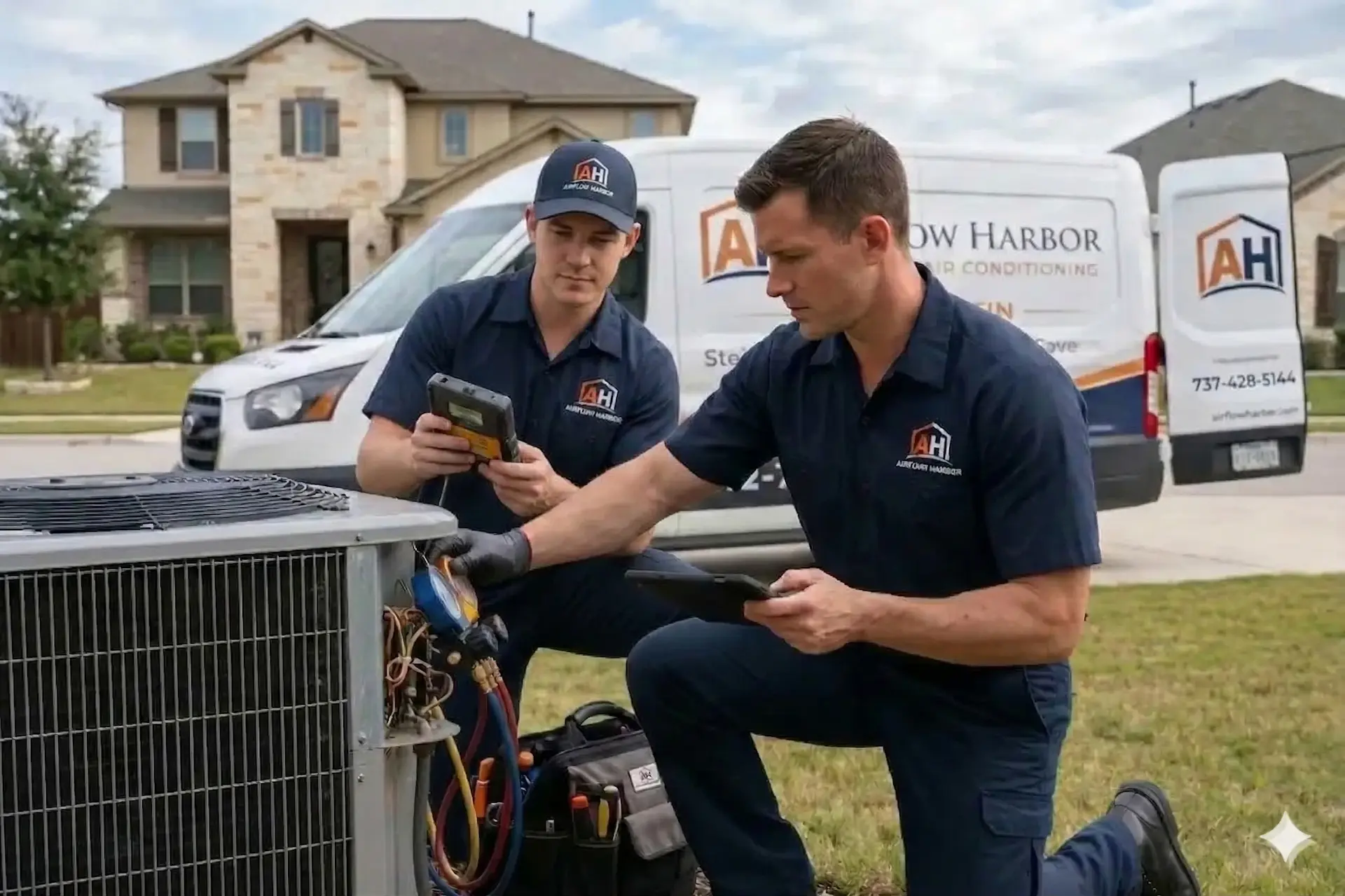 HVAC technician performing AC diagnostics on residential condenser unit