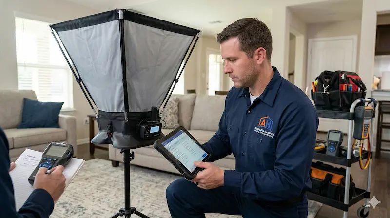 HVAC technician performing full system evaluation